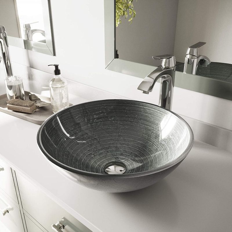 Photo 1 of VIGO VG07053 16.5" L -16.5" W -5.5" H Handmade Glass Round Vessel Bathroom Sink in Simply Silver Finish
