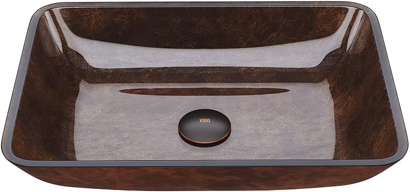 Photo 1 of VIGO VG07089 18.125" L -13.0" W -4.125" H Russet Handmade Countertop Glass Rectangular Vessel Bathroom Sink in Red and Brown Fusion Finish
