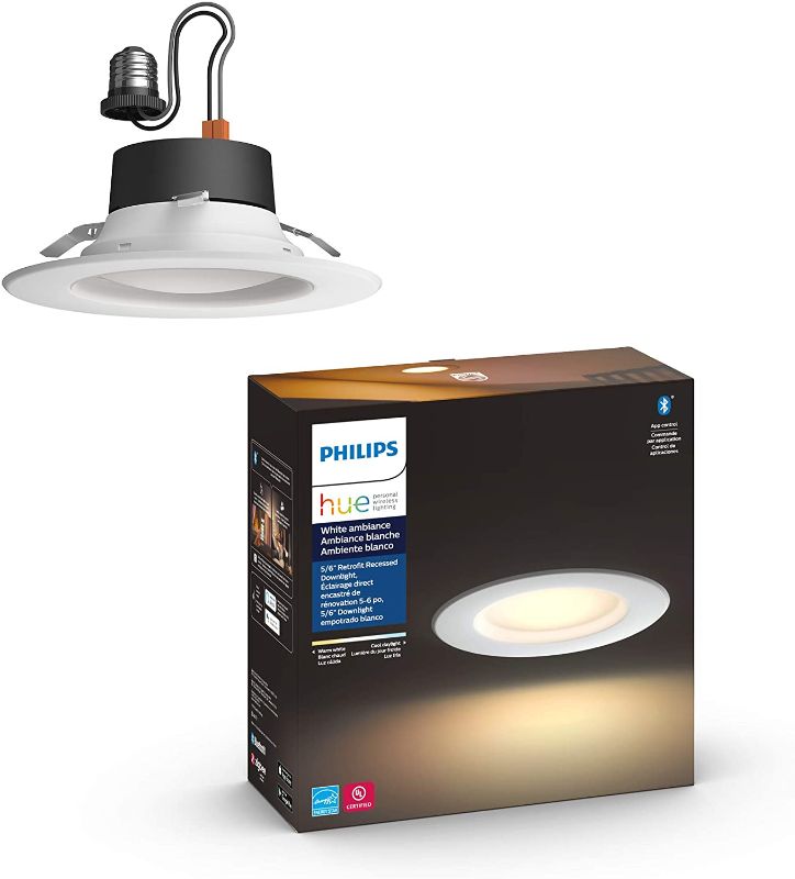 Photo 1 of Philips Hue White Ambiance LED Smart Retrofit 5/6-inch Recessed Downlight, Bluetooth & Zigbee compatible, Warm-to-cool white light (Hue Hub Optional)
