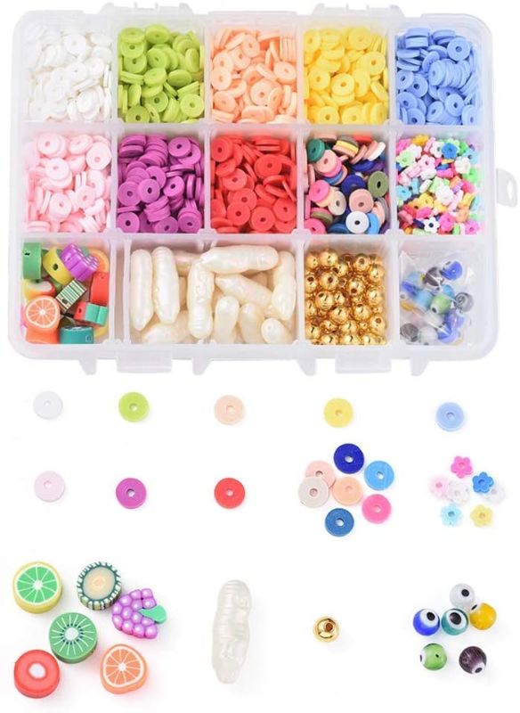 Photo 1 of 2020pcs 6mm Flat Round Polymer Clay Spacer Beads 4-6mm Flower Heishi Loose Beads Mixed Colors with Faux Pearl/Lampwork/Plastic/Polymer Clay Fruit Theme Beads for Jewelry Making
