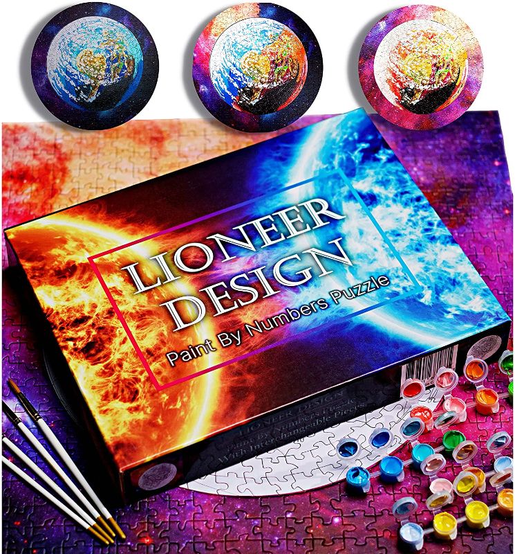 Photo 1 of  Lioneer Design Worlds First Planet Paint by Numbers Puzzle with Interchangeable Pieces - Round Earth Jigsaw Galaxy Puzzle for Adult & Children
