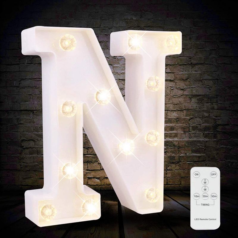 Photo 1 of LED Letter Lights White Marquee Letters Alphabet Light Up Sign with Diamond Bulbs Remote Control Timer Dimmable Wedding Birthday Party Decoration Letters (N)
