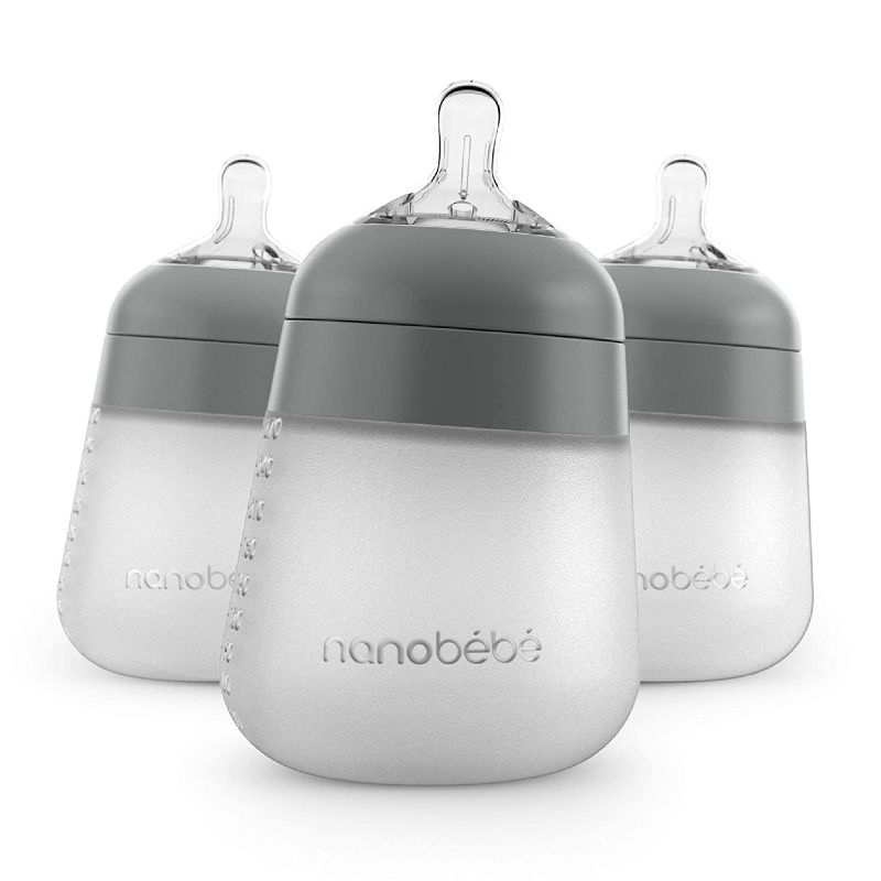 Photo 1 of Nanobébé Flexy Silicone Baby Bottle, Anti-Colic, Natural Feel, Non-Collapsing Nipple, Non-Tip Stable Base, Easy to Clean, 3-Pack, Gray, 9oz
