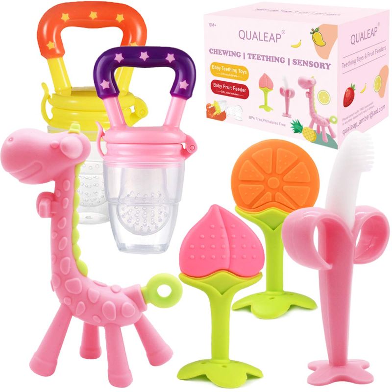 Photo 1 of Teething Toys for Babies 0-6 Months 6-12 Months - Teethers with 2 × Baby Fruit Feeders and 4 × Baby Teether - BPA Free / Freezer Free - Different Soft Textures for Infant and Toddlers (Pink)
