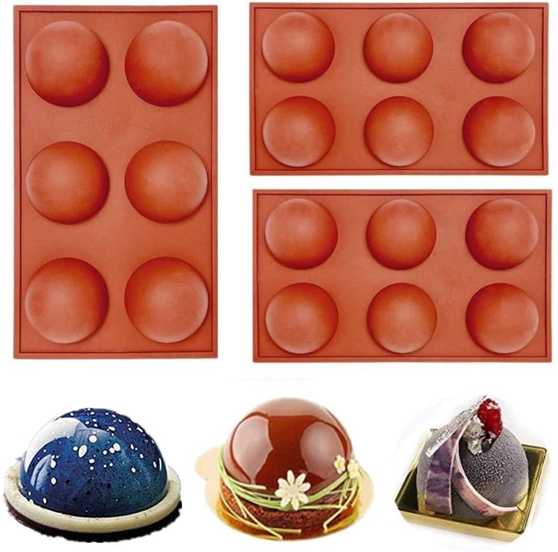 Photo 1 of 3 Pack Semi Sphere Silicone Mold, 6-Cavity Holes Medium Silicone Baking Mould for Making Hot Chocolate Bomb, Cake, Jelly, Dome Mousse
