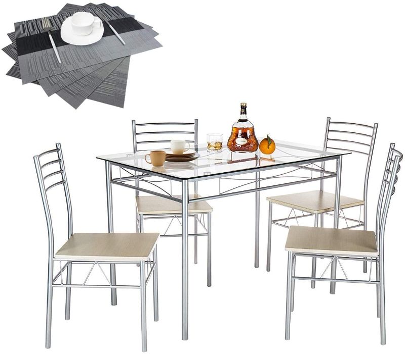 Photo 1 of VECELO Dining Table with 4 Chairs [4 Placemats Included-] Silver X-Large
