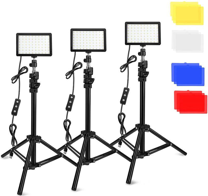 Photo 1 of 3 Packs 70 LED Video Light with Adjustable Tripod Stand/Color Filters, Obeamiu 5600K USB Studio Lighting Kit for Tablet/Low Angle Shooting, Collection Portrait YouTube Photography
