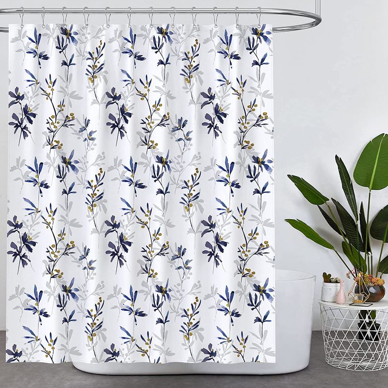 Photo 1 of BTTN Boho Floral Shower Curtain - Polyester Fabric Flower Shower Curtains for Bathroom, Deep Blue and White Watercolor Botanical Nature Leaf Shower Curtains, Bath Curtain Set with 12 Hooks, 72x72 Inch
