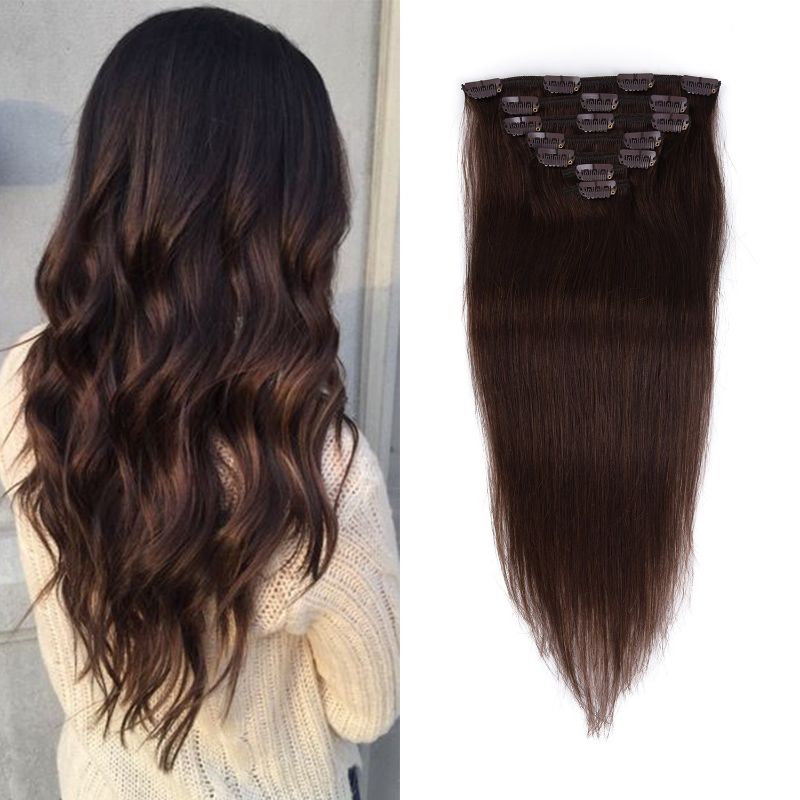 Photo 1 of 14 inches Clip in Hair Extensions Real Human Hair - 70g 7pcs 16 Clips Straight 100% Remy Human Hair Extensions for Women Dark Brown #2 Color