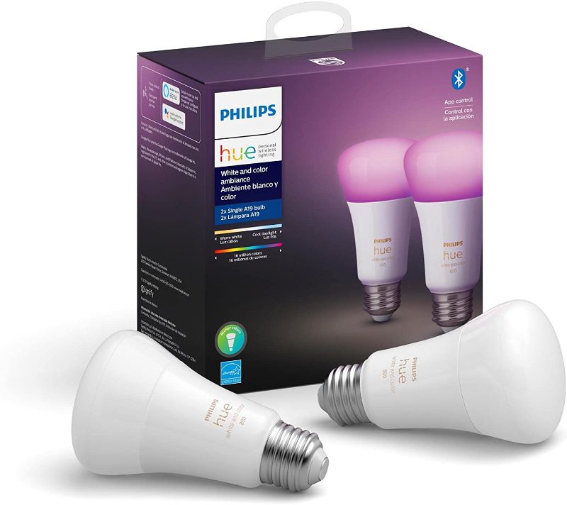 Photo 1 of 75w Philips Hue White and Color Ambiance 2-Pack A19 LED Smart Bulb, Bluetooth & Zigbee compatible (Hue Hub Optional), Works with Alexa & Google Assistant – A Certified for Humans Device