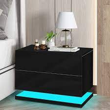 Photo 1 of Bedside Table with LED Light Modern High Gloss Nightstand Black 2 Drawers Nightstand
