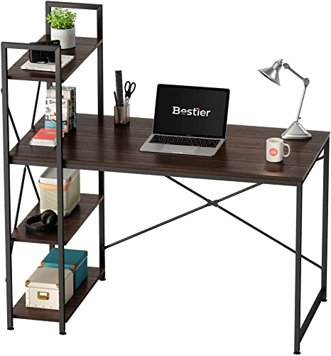 Photo 1 of Bestier Computer Desk 47 Inch with Storage Shelves Writing Desk with Bookshelf Reversible Home Office Corner Table for Small Space Bedroom, Brown
