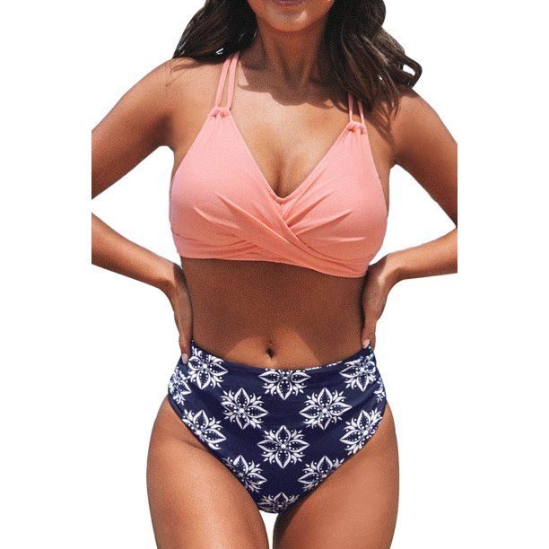 Photo 1 of CUPSHE Women's Solid Boho Print Shirring High Waisted Bikini Sets,M
