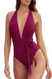 Photo 1 of Women's Solid Red Deep V-neck One Piece Swimsuit Belt Monokini | Seaselfie by Cupshe--- medium
