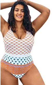 Photo 1 of CUPSHE Women's Plus Size One Piece Swimsuit Fish Scales Printed Cross Bikini, 0X
