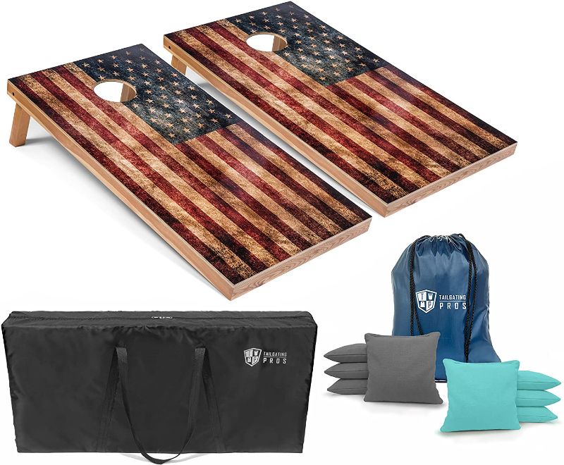 Photo 1 of Tailgating Pros Rustic American Flag Cornhole Boards w/Bean Bags - 4'x2' Distressed Flag Cornhole Game w/Carrying Case & Corn Hole Bags