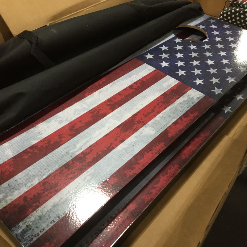 Photo 4 of Tailgating Pros Rustic American Flag Cornhole Boards w/Bean Bags - 4'x2' Distressed Flag Cornhole Game w/Carrying Case & Corn Hole Bags