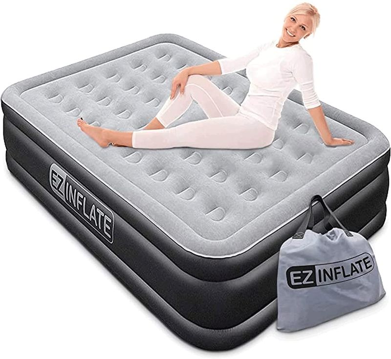 Photo 1 of EZ INFLATE Queen Air Mattress with Built-in Dual Pump for Easy Inflation/Quick Set Up – Inflatable Air Bed for Camping, Home & Travel - Double Height - Durable, Adjustable Blow Up Mattress