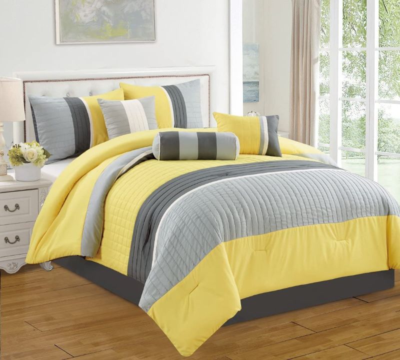 Photo 1 of 7 Piece Yellow/Grey/White Pleated Bed in A Bag Microfiber Comforter Set King Size Bedding. Perfect for Any Bed Room or Guest Room