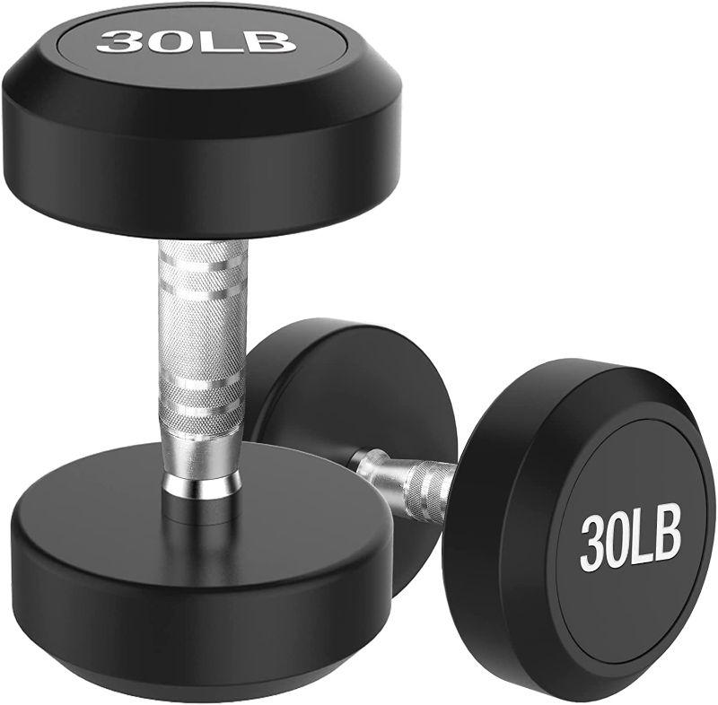 Photo 1 of Balelinko Rubber Coated Round Dumbbells Set of 2, Free Hand Weight with Metal Handle for Home Gym Equipment Workout Strength Training 30lb