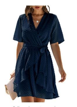 Photo 1 of BTFBM Women Fashion Faux Wrap Swiss Dot V-Neck Short Sleeve High Waist A-Line Ruffle Hem Plain Belt Short Dress Size Medium