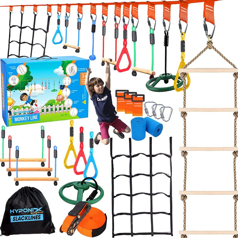 Photo 1 of Hyponix 50' Ninja Warrior Obstacle Course for Kids - W/Net Weatherproof - Ninja Slackline - Kids Obstacle Course - Ninja Course for Kids Outside - Outdoor Toys for Kids Ages 4-8 8-12 -Ninja Slack Line