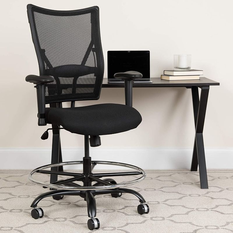 Photo 1 of Flash Furniture HERCULES Series Big & Tall 400 lb. Rated Black Mesh Ergonomic Drafting Chair with Adjustable Arms, FOR PARTS ONLY, ONE INCLUDES CHROME FOOT RING