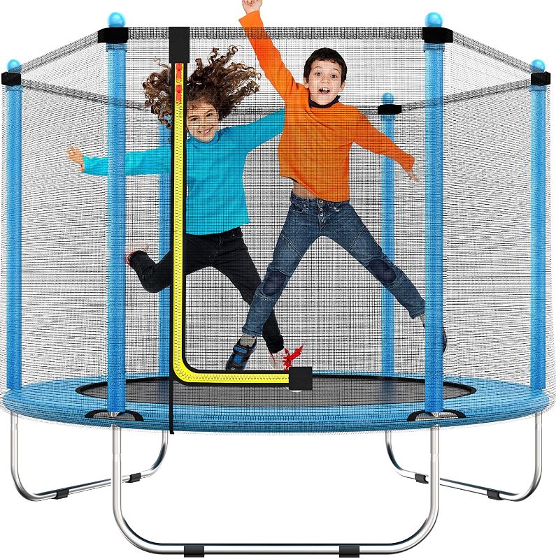 Photo 1 of 60" Trampoline for Kids - 5 Ft Indoor or Outdoor Mini Toddler Trampoline with Safety Enclosure, Basketball Hoop, Birthday Gifts for Kids, Gifts for Boy and Girl, Baby Toddler Trampoline Toys, Age 1-8

