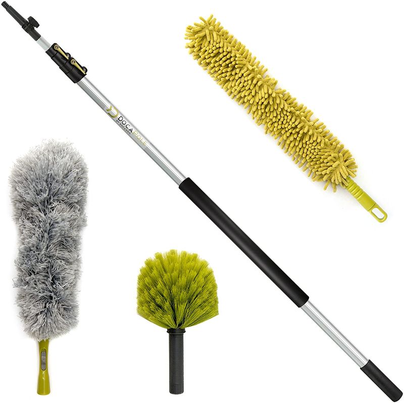 Photo 1 of DocaPole 20 Foot Dusting Kit: Includes Duster with Extension Pole and 3 Dusting Attachments for Spider Webs, Ceiling Fans, and Dust Cleaning; 5 to 12 ft Telescopic Pole
