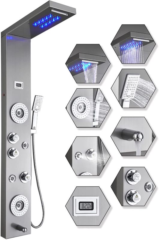 Photo 1 of ELLO&ALLO Stainless Steel Shower Panel Tower System,LED Rainfall Waterfall Shower Head 6-Function Faucet Rain Massage System with Body Jets, Brushed Nickel, BRAND NEW NEVER OPENED
