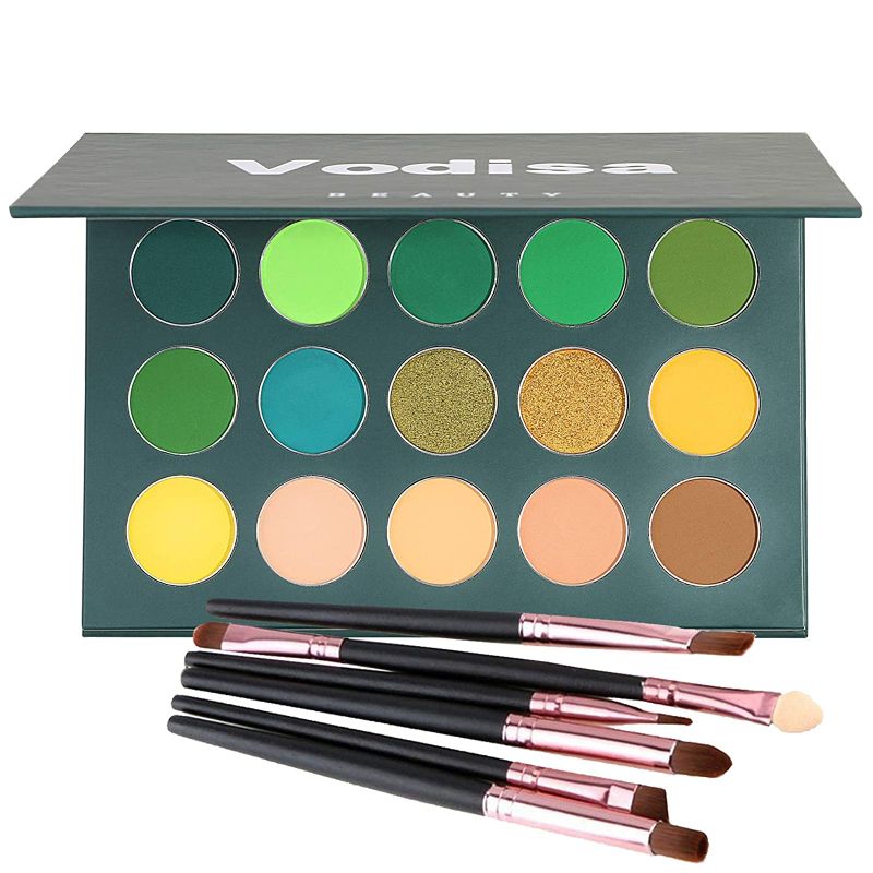 Photo 1 of Vodisa Eyeshadow Palette Matte Shimmer Eye Shadow Pallet High Pigmented 15 Colors Professional Makeup Nudes Warm Natural Long Lasting Waterproof Eye Shadow with Make Up Brushes Set (Green)