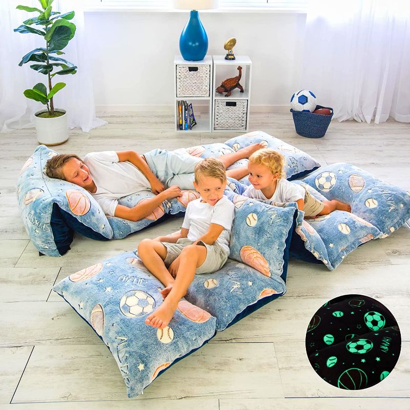 Photo 1 of COLUX Glow in The Dark 3 in 1 Kids Pillow Bed Floor Lounger Cover Navy Grey Sports Stuffable Queen Size Fold Out Recliner for Boys, Girls, All Ages Reading, Games, Sleep Overs (Pillows Not Included)