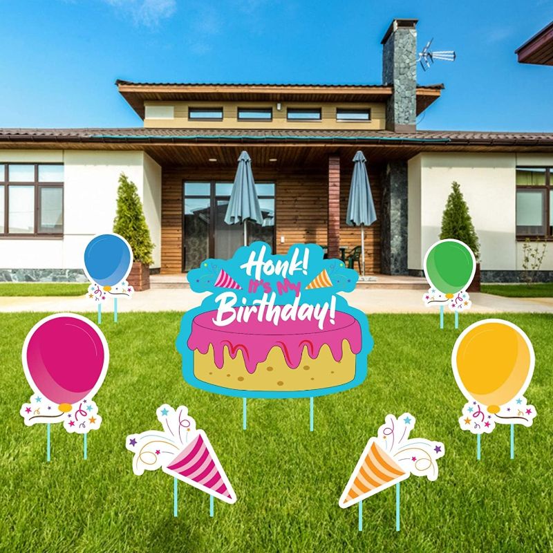 Photo 1 of Happy Birthday Yard Signs With Stakes - Birthday Yard Signs - “Honk! It’s My Birthday!” Birthday Lawn Signs - Colorful Yard Decorations Perfect for Kids - Set of 7 All Weather Corrugated Plastic Signs