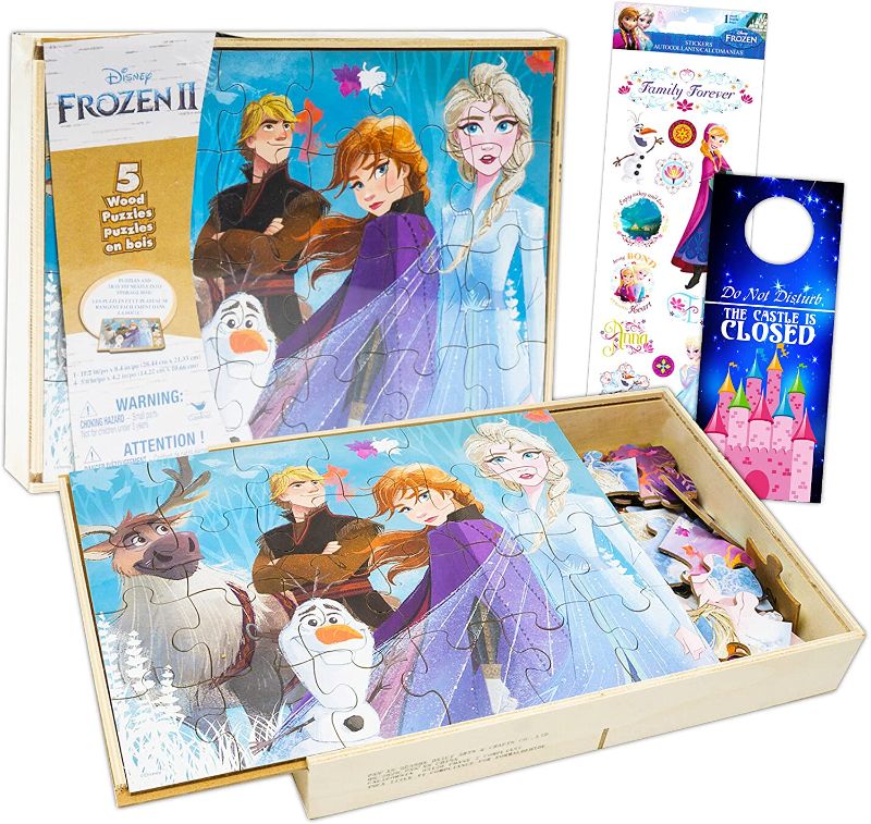 Photo 1 of Classic Disney Frozen Wooden Puzzle 5 Pack 24 Piece Frozen Wood Puzzles Bundle with Holding Tray Frozen Puzzles for Kids Plus Frozen Stickers and More (Kids Frozen Jigsaw Puzzle)(Frozen wood cutouts)