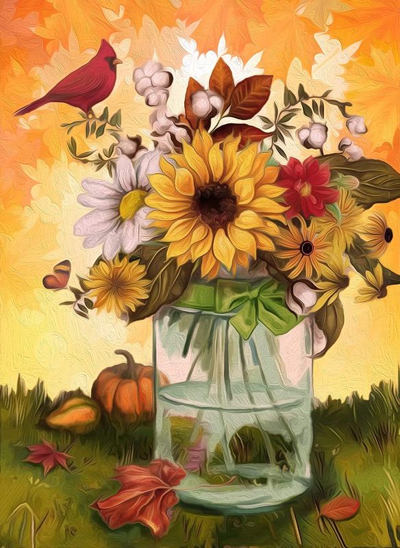 Photo 1 of DIY Diamond Painting Kit for Adults, 5D Flower Full Drill Round Diamond Crystal Gem Art Painting Perfect for Home Wall Decor Gift, Children's Paint by Number Kits Sunflowers (Happy Fall 12x16inch)