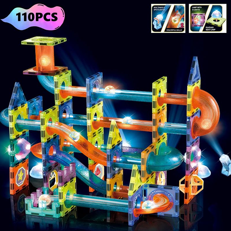 Photo 1 of BINZKBB Light Magnetic Tiles Building Blocks for Kids, 3D Clear Educational Toys, Magnetic Marble Run STEM Magnetic Blocks Toys for Kids Ages 3 4 5 6 7 8 10+Year Old Boys Girls Creative Gift(110 PCS)
