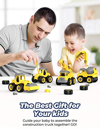 Photo 1 of AUZEEG 6-in-2 Construction Vehicle Toys, Kids DIY Take Apart Truck Set, Best Vehicle Toys for 3-6 Boys Girls Toddler with Cement Mixer/Sand Truck, Crane Machine, Bulldozer, Excavator, Road Roller
