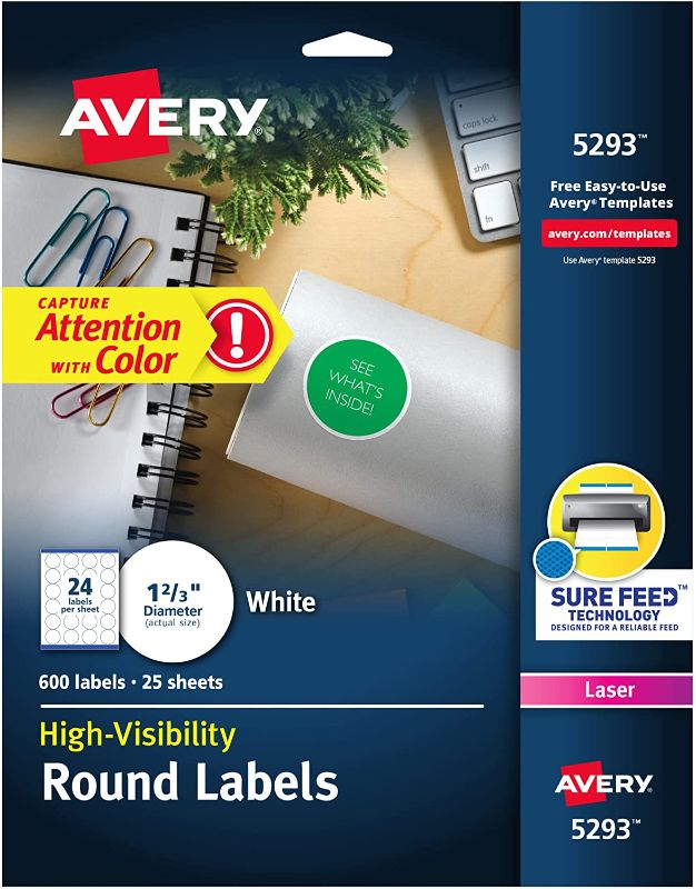 Photo 1 of Avery 5293 Round Labels, 1-2/3" Diameter, White, Pack of 600 -- Make Custom Stickers
