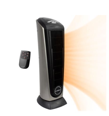 Photo 1 of Lasko 1500W Ceramic Tower Space Heater with Remote, 751320, Black/Silver