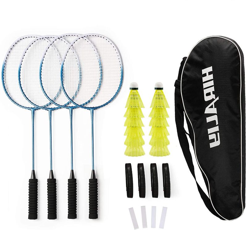 Photo 1 of HIRALIY Badminton Rackets Set of 4 for Outdoor Backyard Games, Including 4 Rackets, 12 Nylon Shuttlecocks, 4 Replacement Grip Tapes and 1 Carrying Bag
