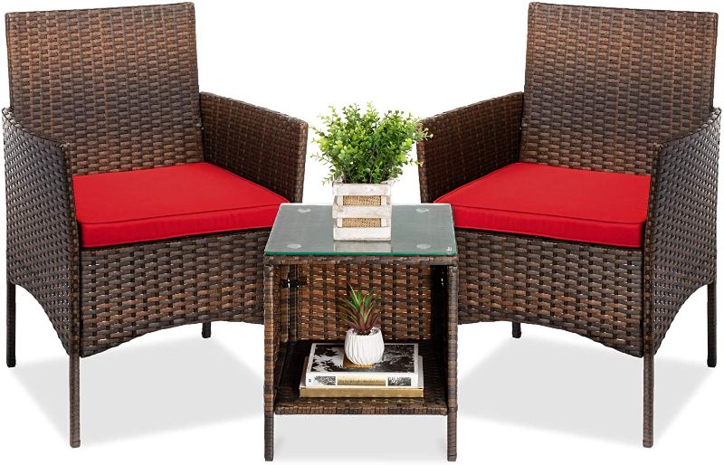 Photo 1 of Best Choice Products 3-Piece Outdoor Wicker Conversation Bistro Set, Patio Furniture for Yard, Garden w/ 2 Chairs, 2 Cushions, Side Storage Table - Brown/Red
