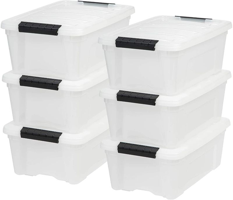 Photo 1 of IRIS USA 12 Qt. Plastic Storage Bin Tote Organizing Container with Durable Lid and Secure Latching Buckles, Stackable and Nestable, 6 Pack, Pearl with Black Buckle