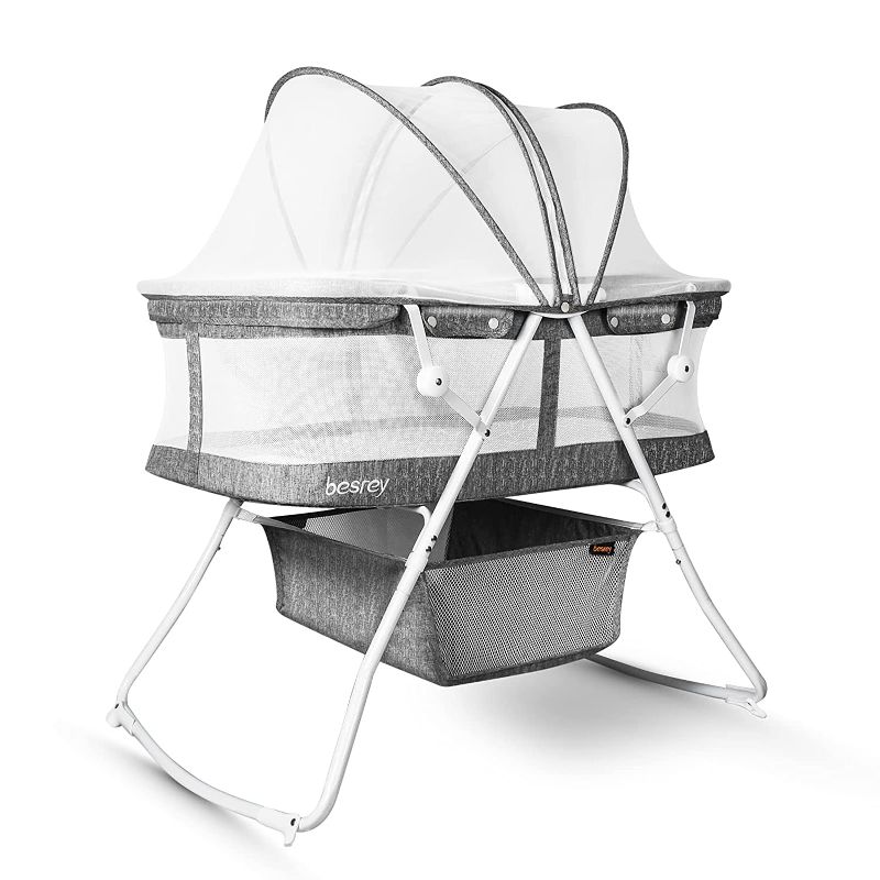 Photo 1 of besrey Bassinet for Baby, 3 in 1 Portable Baby Bassinets, Rocking Cradle Bed, Easy Folding Bedside Sleeper Crib, Quick-Fold for Newborn Infant, up to 33 lb Compact Storage, Mattress and Net Included
