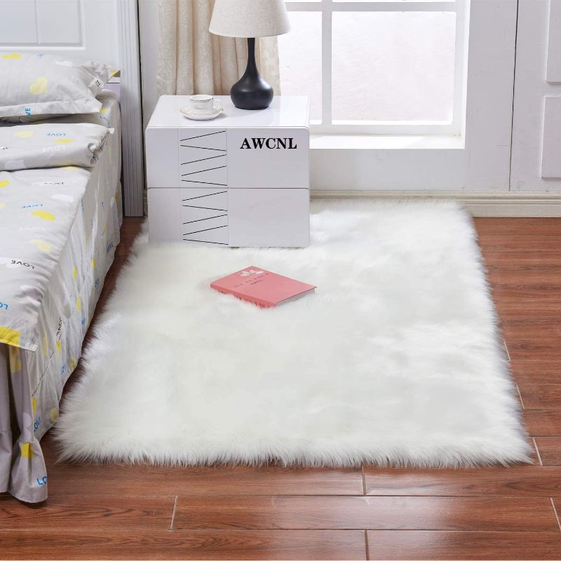 Photo 1 of AWCNL Bedroom carpets Regional floor mats Super soft and fluffy carpets Imported artificial wool sheepskin carpets Children's room decoration Used for bedroom floor sofa living room Rectangle 3 x 5feet(white)
