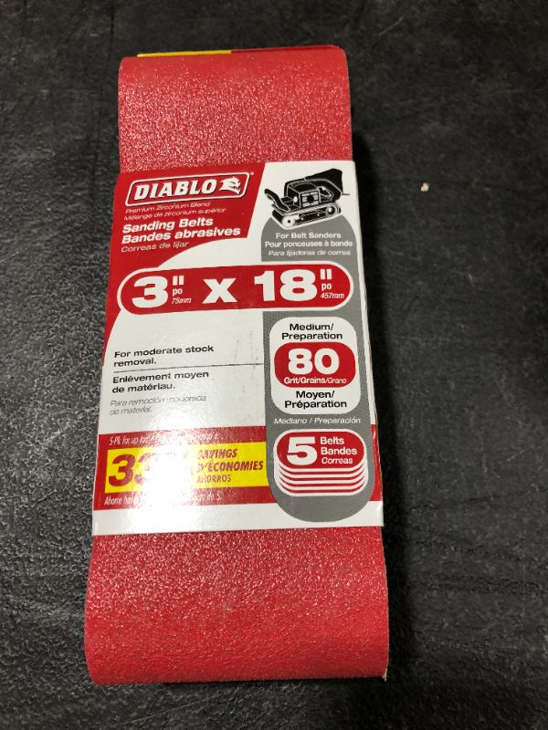 Photo 2 of Diablo DCB318080S05G 3"x18" Sanding Belt, 80 Grit, 5-Pack
