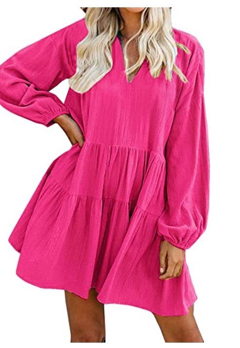 Photo 1 of FANCYINN Long Sleeve Shift Tunic Dress Ruffle Swing Babydoll Juniors Mini Ruffle Dress with Pockets size M