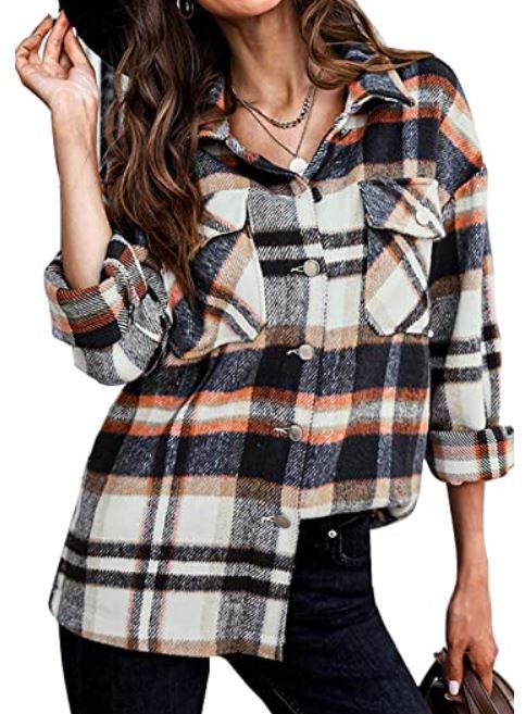 Photo 1 of Women's Flannel Plaid Jacket Long Sleeve Button Down Chest Pocketed Shirts Coats Shacket size S