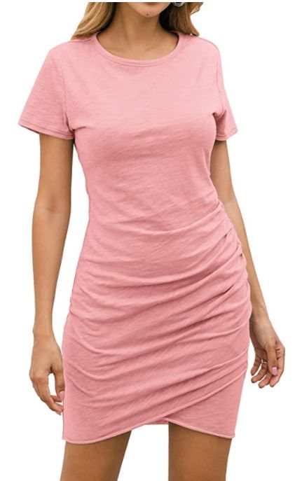 Photo 1 of BTFBM Women's 2021 Casual Crew Neck Short Sleeve Ruched Stretchy Bodycon T Shirt Short Mini Dress size s