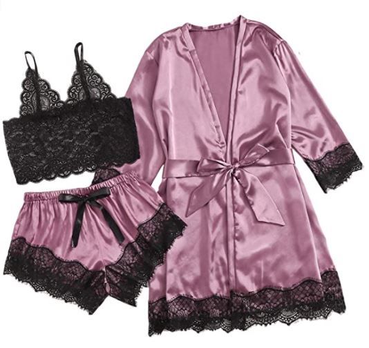 Photo 1 of DIDK Women's Sexy 3 Piece Lace Silk Satin Robe Set and Shorts Sleepwear Loungewear