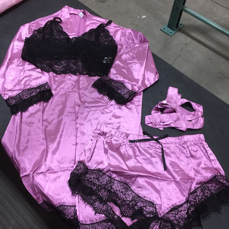 Photo 2 of Women's Lace Cami Top and Shorts Satin Silk Lingerie Set with Robe Pajamas Sleepwear size xl